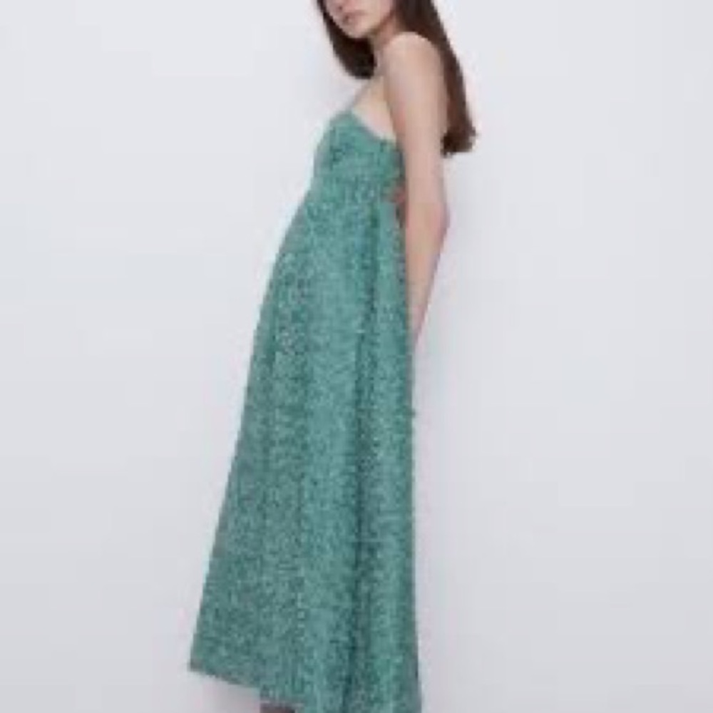 ZARA Green Textured Floral Weave Spaghetti Strap Midi Long Dress Sz Small